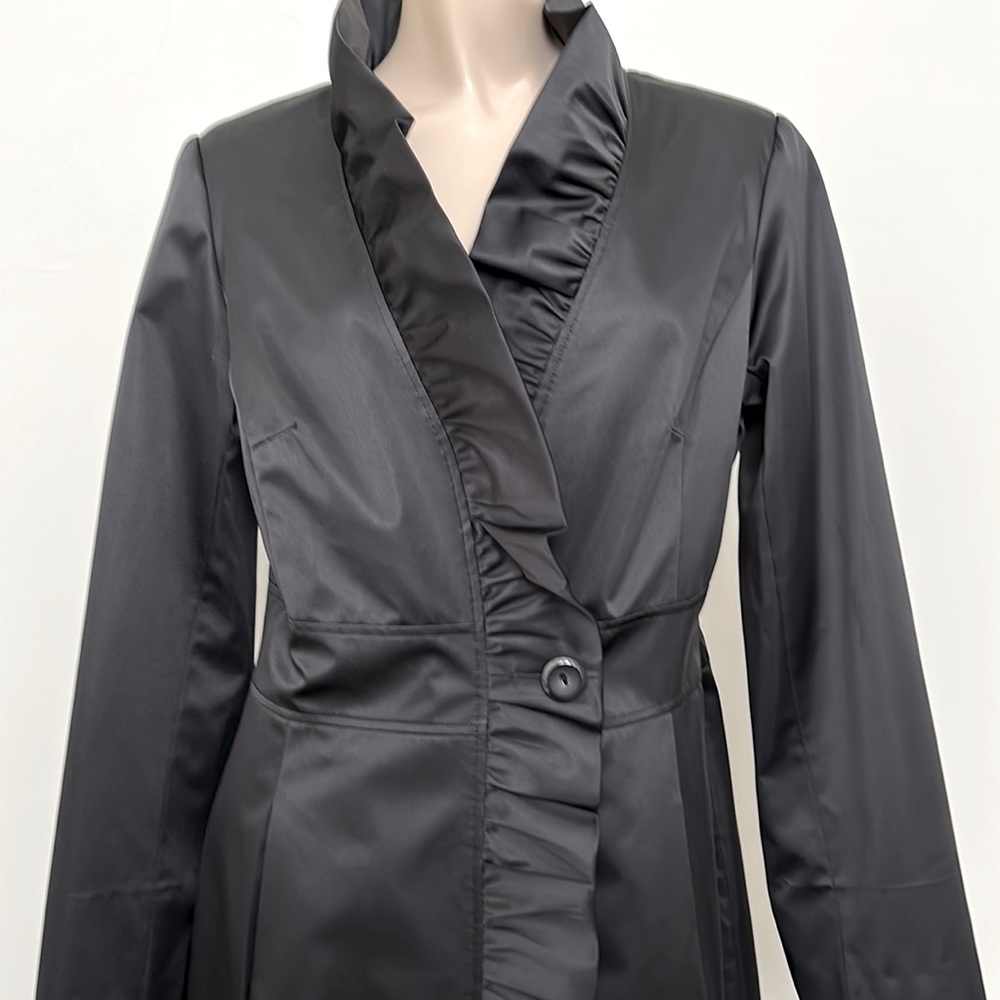 White House Black Market Ruffle Trim Sateen Coat Size 8